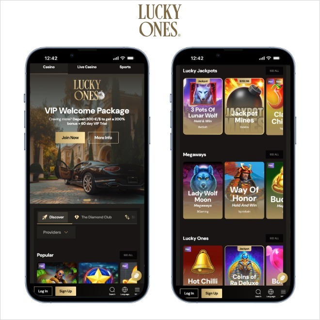 luckyones screenshots on mobile on a white background